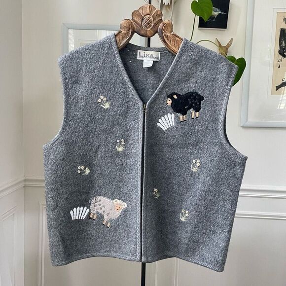 Vintage Sweaters - Vintage Boiled Wool Sheep Applique Full Zip Vest Grey XL